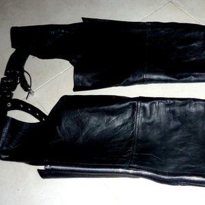 DAN'S LEATHER CITY MENS LEATHER HEAVY DUTY MOTORCYCLE  CHAPS SIZE XXL BLACK